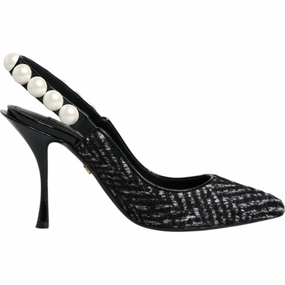 Dolce & Gabbana White Black Chevron Faux Pearl Slingback Shoes Elephant In Sandals Italian Brainrot