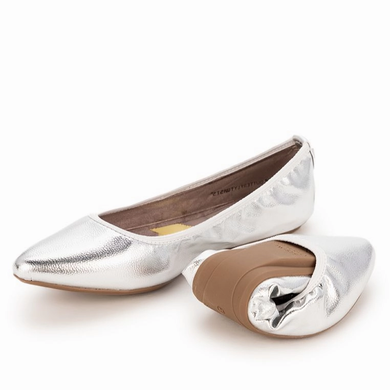 JANEY Ballet Flat Shoes - Silver Tumble Nappa Flat Sole S