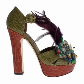 Dolce & Gabbana Green Leather Crystal Platform Sandal Shoes Sandals Grand St Lucia