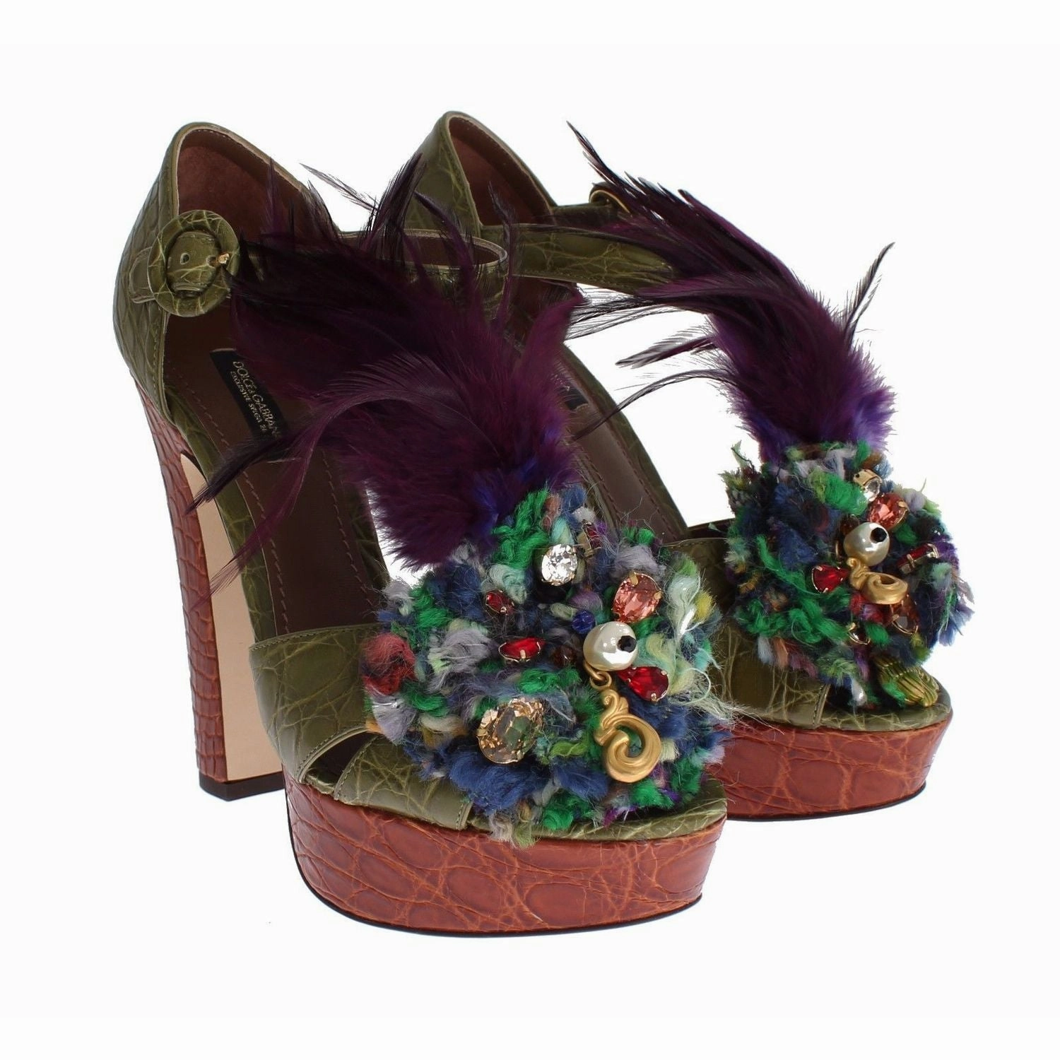 Sandals Tanjun Dolce & Gabbana Green Leather Crystal Platform Sandal Shoes