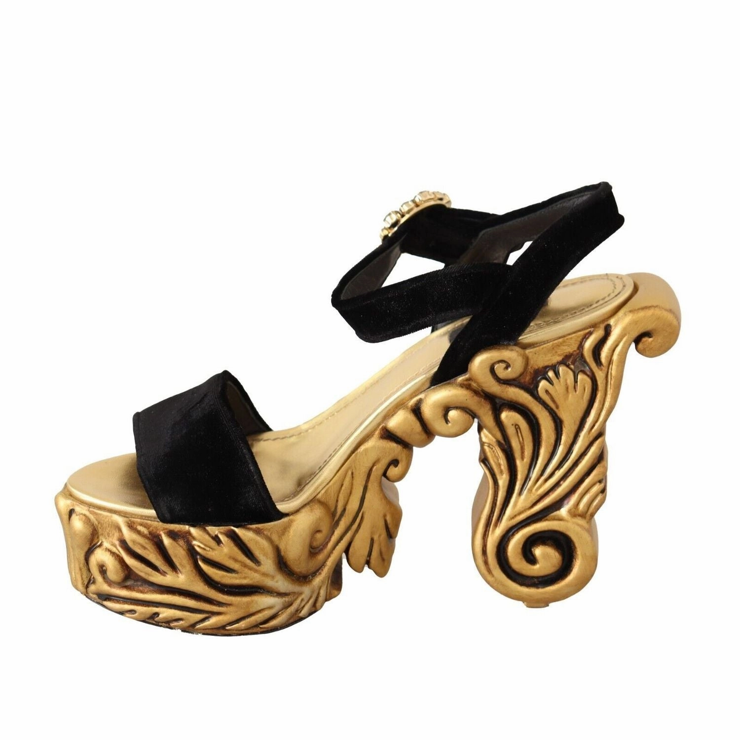 Slide Sandals Furry Dolce & Gabbana Black Gold Baroque Velvet Heels Crystal Shoes