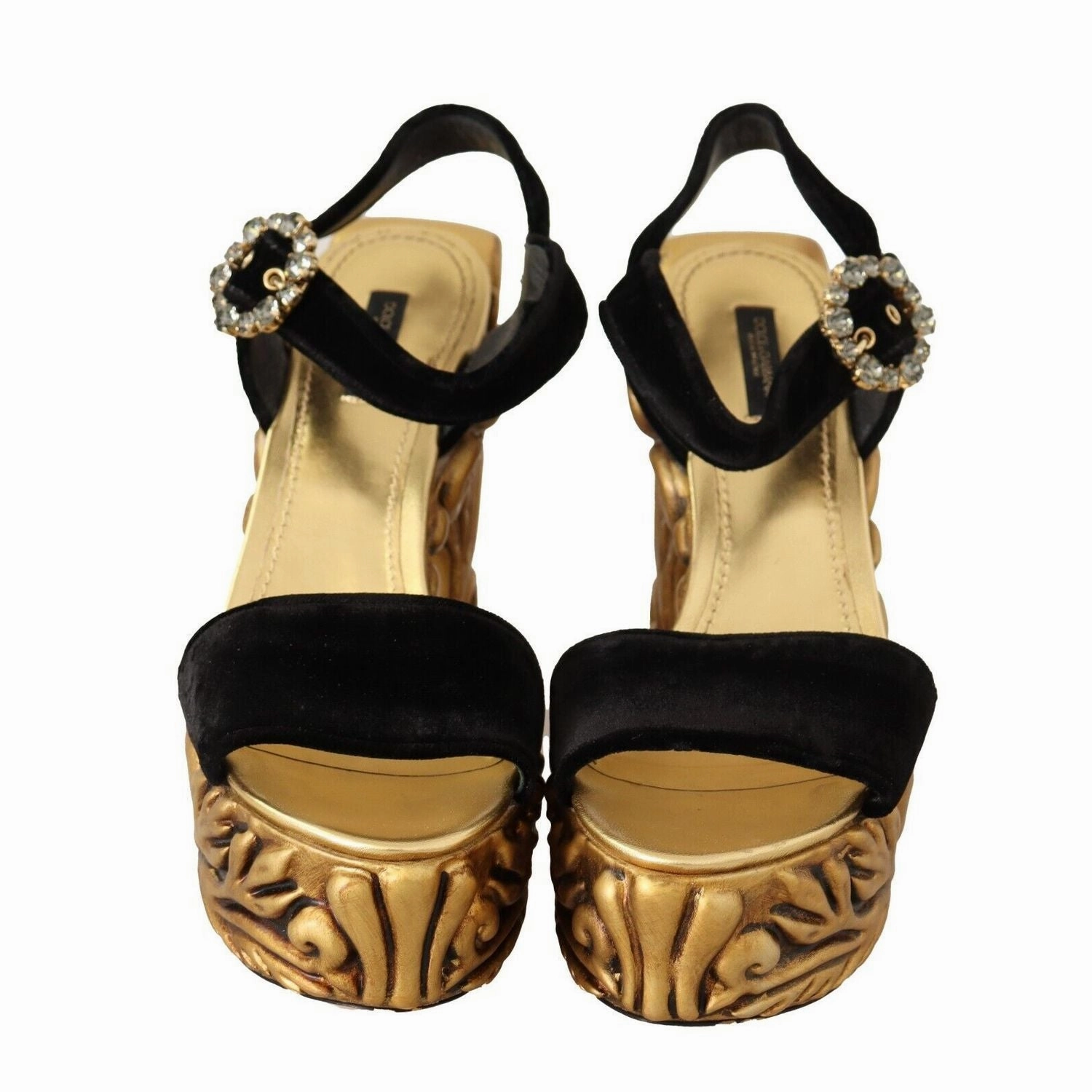 Dolce & Gabbana Black Gold Baroque Velvet Heels Crystal Shoes Comfortable Slide Sandals