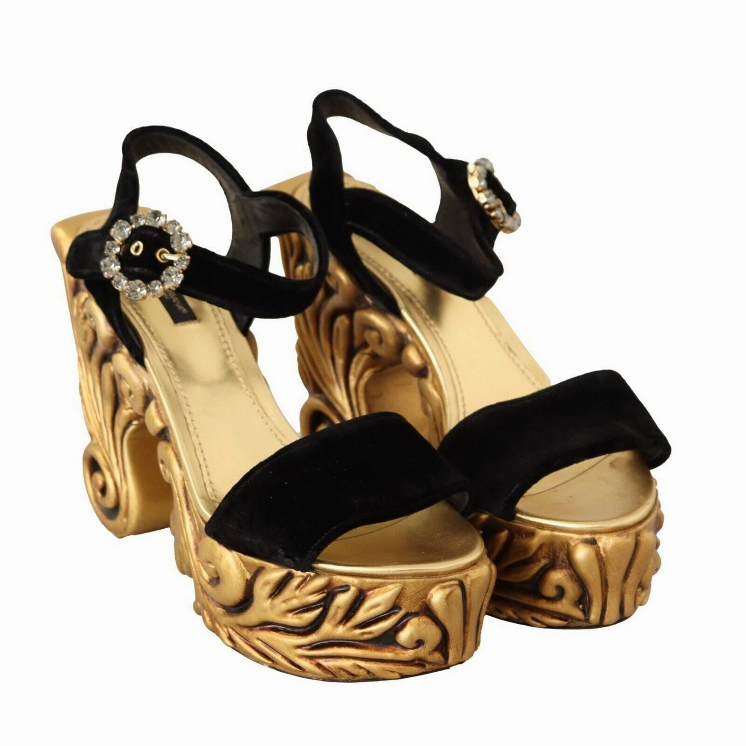 Dolce & Gabbana Black Gold Baroque Velvet Heels Crystal Shoes Closed Toe Slide Sandals