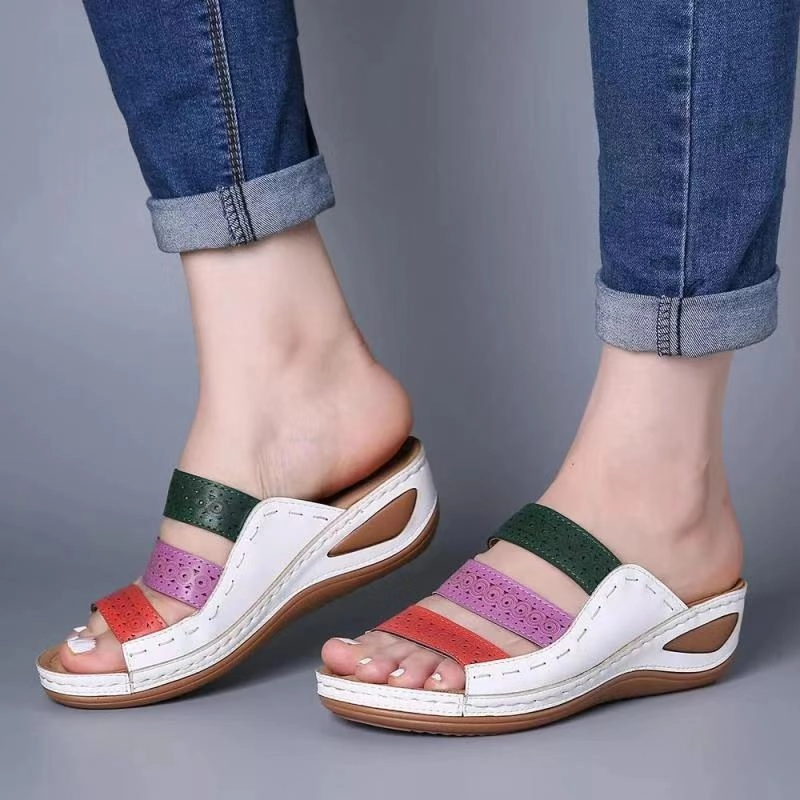 Metallic Sandals Heels Summer Women Color Matching Hollow PU Roman Sandals