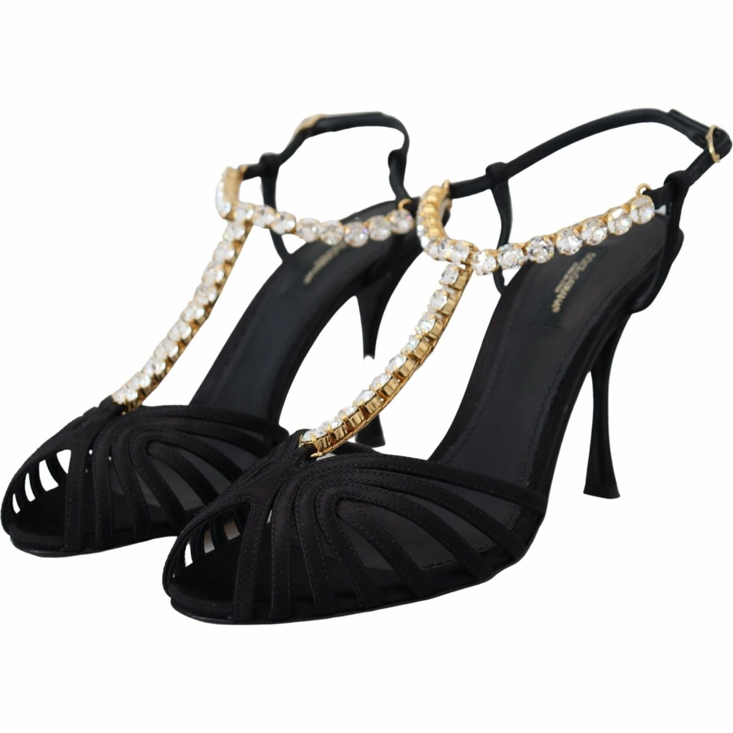 Dolce & Gabbana Black Satin Clear Crystal T-strap Sandal Shoes Walking Sandals