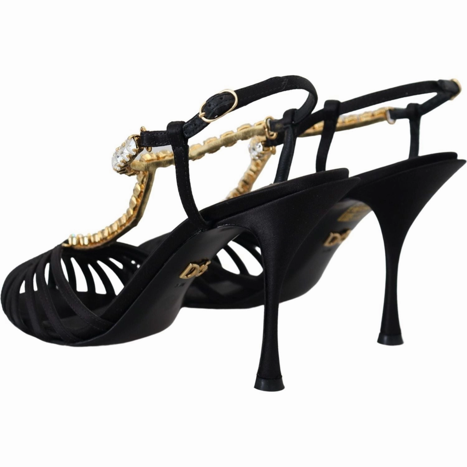 Demonia Sandals Dolce & Gabbana Black Satin Clear Crystal T-strap Sandal Shoes