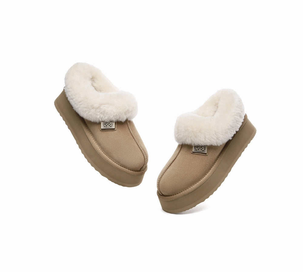 Lemaire Leather Slippers UGG EVERAU UGG Slippers Women Sheepskin Wool Collar Ankle Platform Gabri