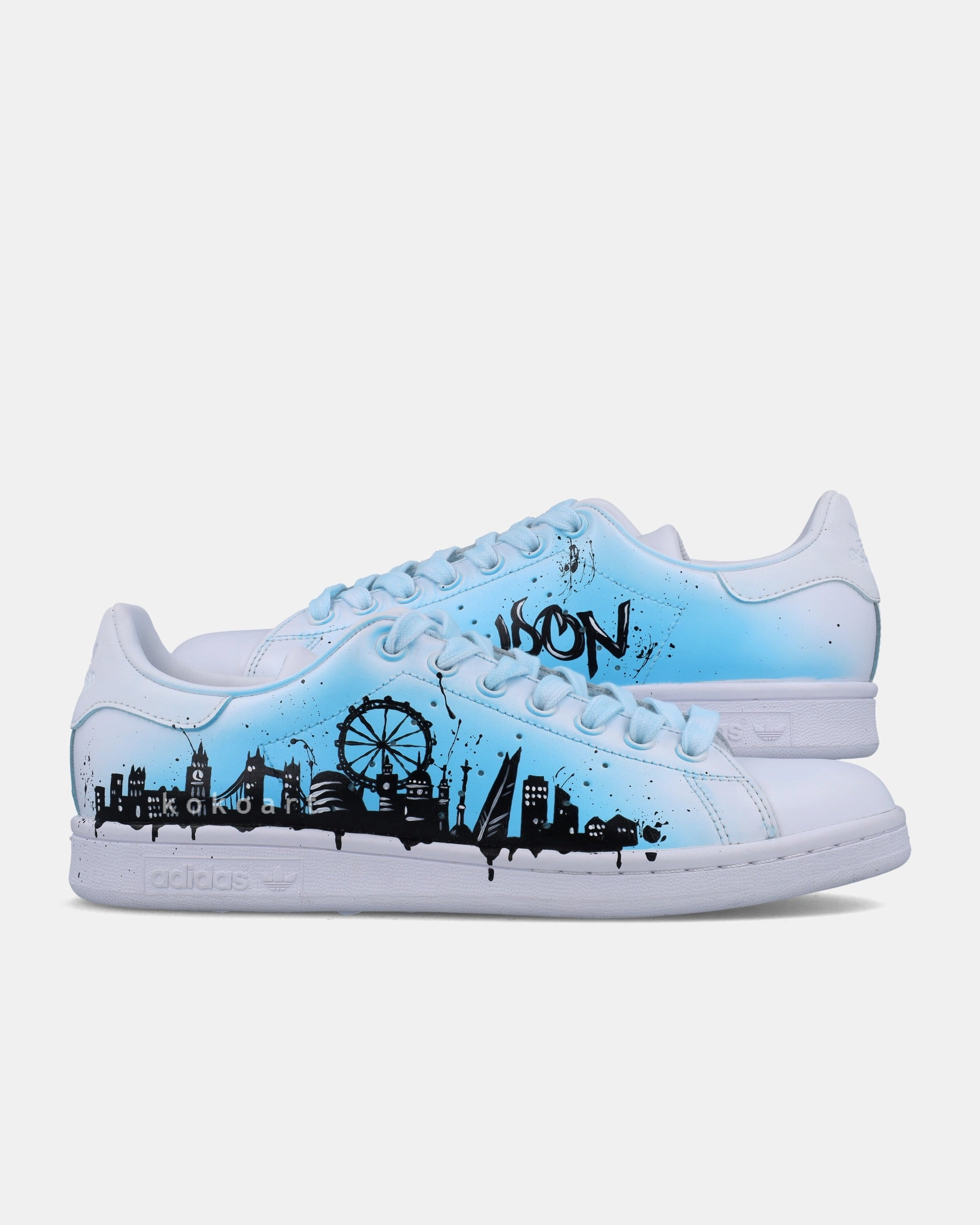 Turf Shoes Baseball Adidas Stan Smith Hand Painted London Skyline Light Blue Watercolour