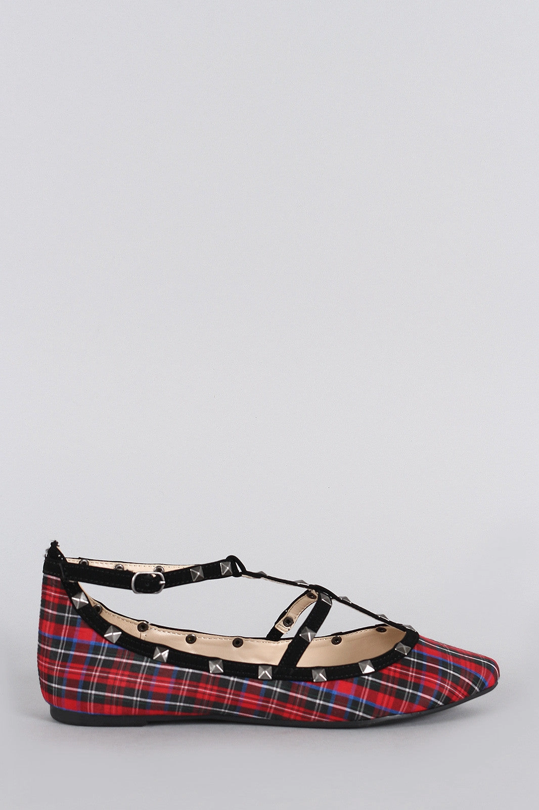 Bamboo Studded Cage Plaid Pointy Toe Flat Flat Shoe Molding