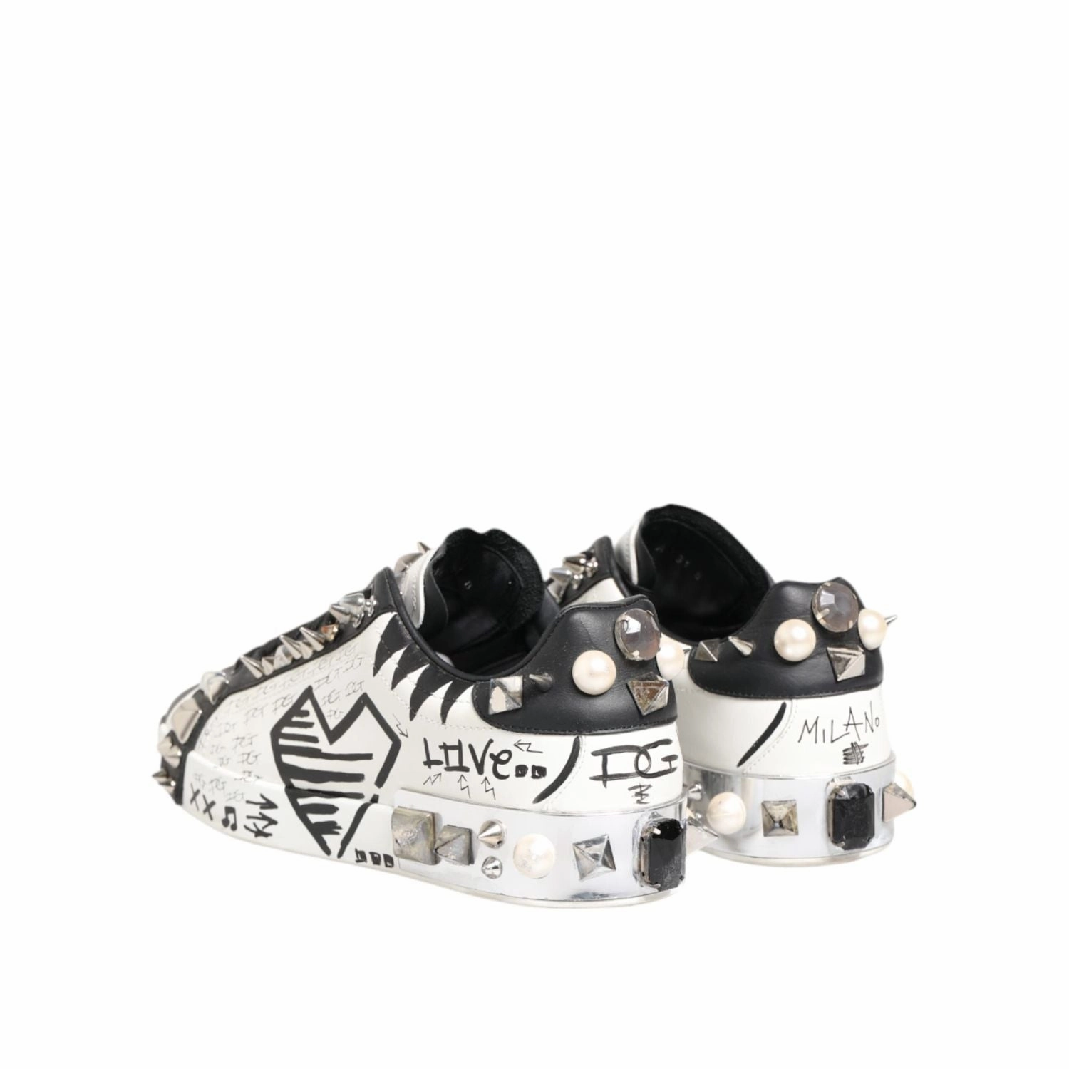 Dolce & Gabbana White Studded Printed Low Top Sneakers Shoes Hi Top Platform Sneakers