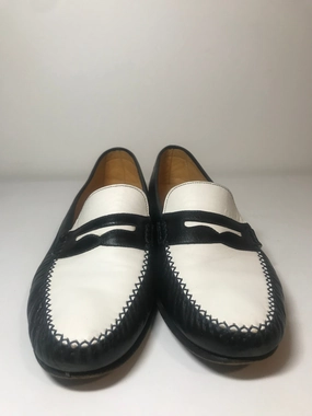 Vintage 1980s Grenson for Paul Stuart White and Black Leather Loafers (Size 9.5M) Square Toe Penny Loafers