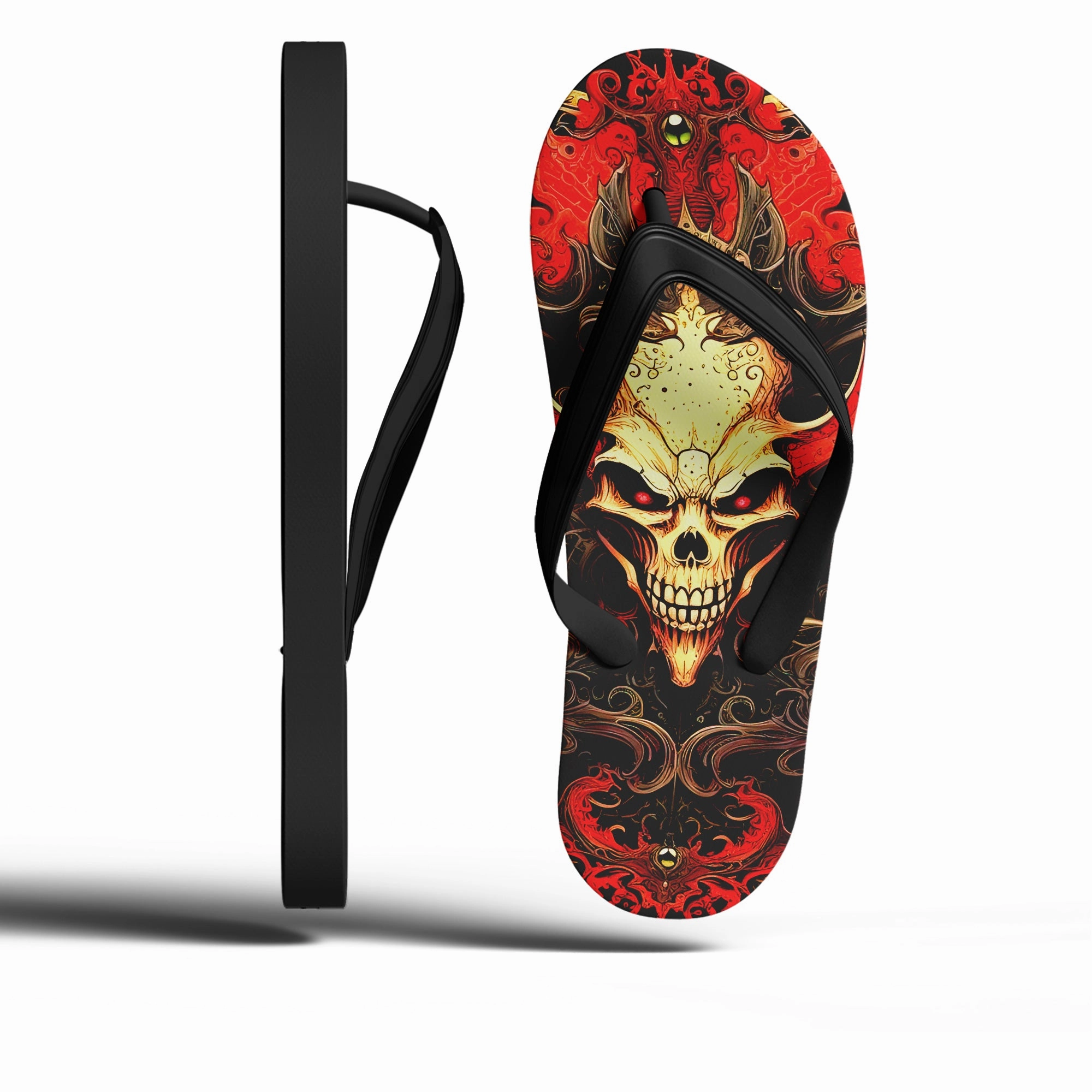 Toponepod Demonic Skull Fire Flip Flops | Custom Red Flame Gothic Sandals with Evil Grin Skull Art for Men | FN058-25023046-7 Fashion Slippers