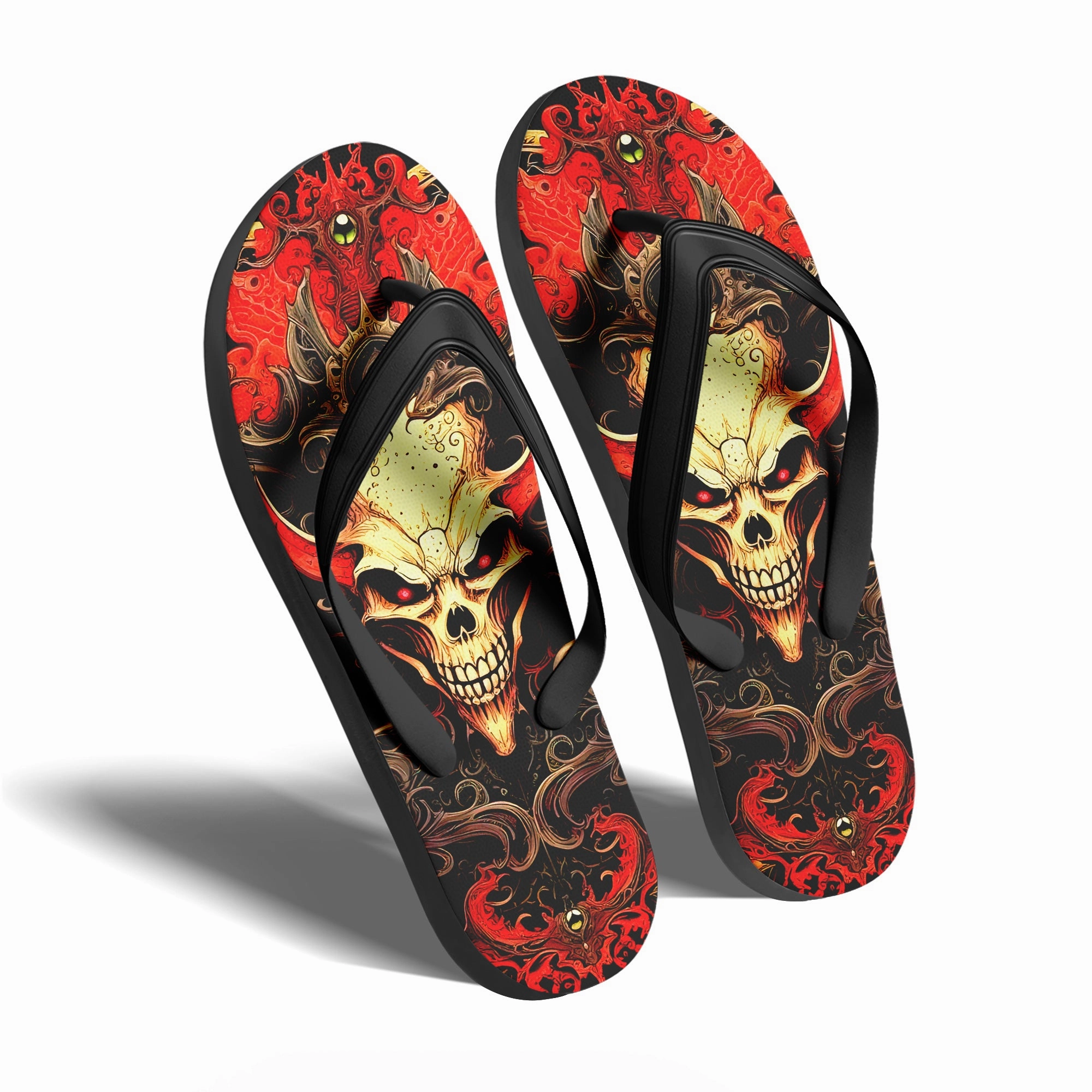 Ecco Slippers Toponepod Demonic Skull Fire Flip Flops | Custom Red Flame Gothic Sandals with Evil Grin Skull Art for Men | FN058-25023046-7