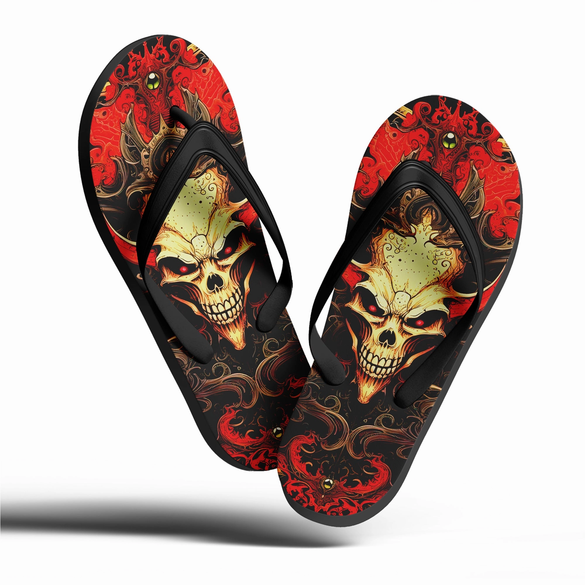 Toponepod Demonic Skull Fire Flip Flops | Custom Red Flame Gothic Sandals with Evil Grin Skull Art for Men | FN058-25023046-7 Slippers Infant
