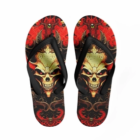 Slippers With Bow Toponepod Demonic Skull Fire Flip Flops | Custom Red Flame Gothic Sandals with Evil Grin Skull Art for Men | FN058-25023046-7