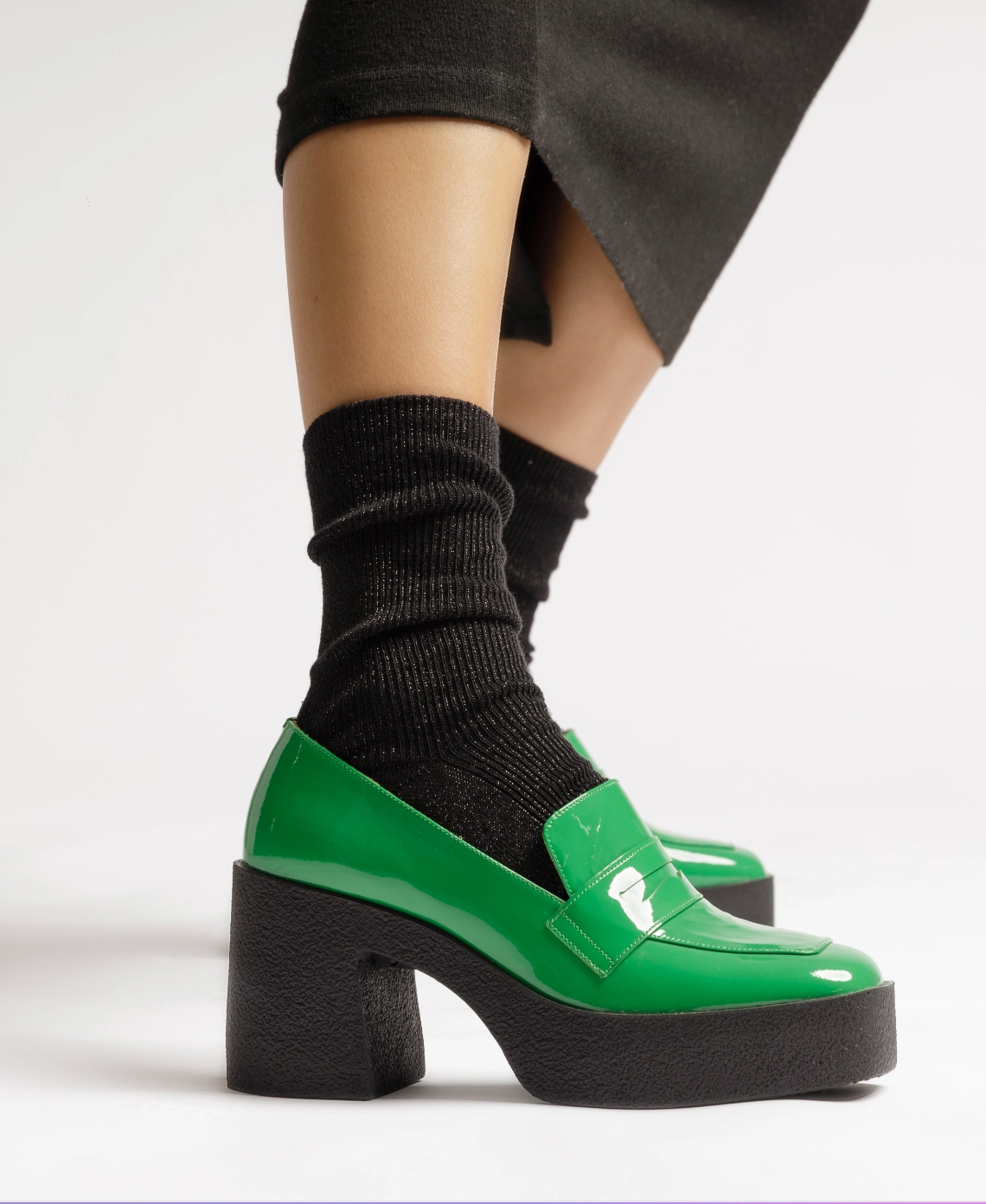 Yoko Forest Green Patent Leather Chunky Loafers Wingtip Loafers