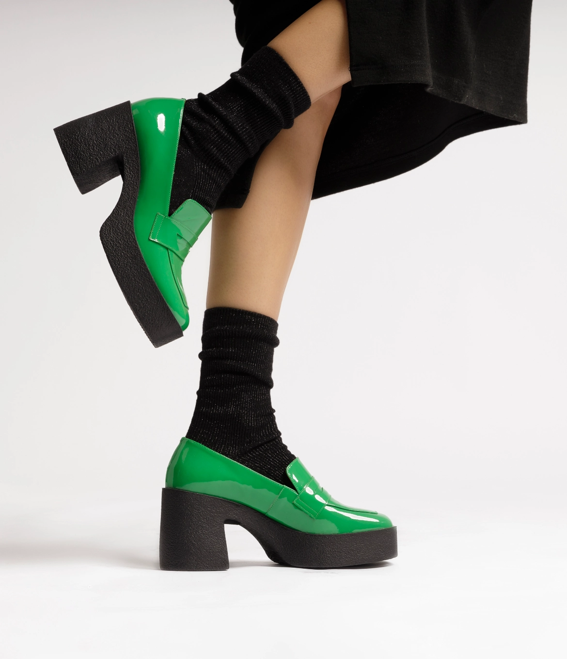 Loafers Wedge Heel Yoko Forest Green Patent Leather Chunky Loafers