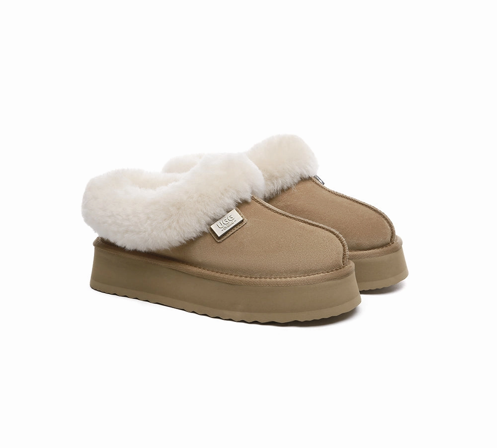 Free Slippers UGG EVERAU UGG Slippers Women Sheepskin Wool Collar Ankle Platform Gabri