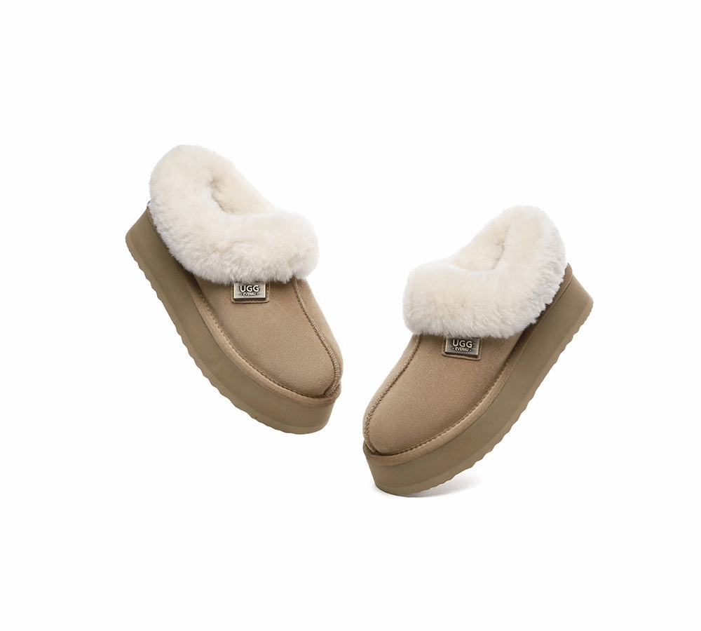 Shop Slippers Near Me UGG EVERAU UGG Slippers Women Sheepskin Wool Collar Ankle Platform Gabri