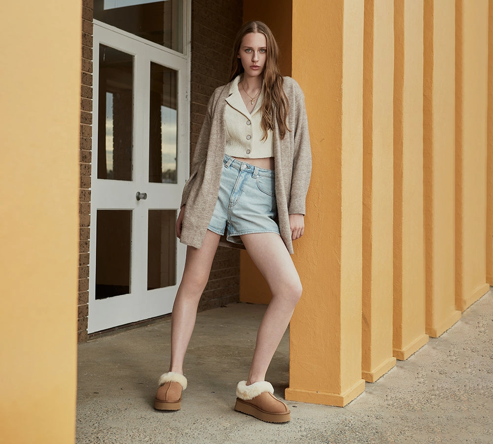 UGG EVERAU UGG Slippers Women Sheepskin Wool Collar Ankle Platform Gabri Extra Wide Slippers Swollen Feet