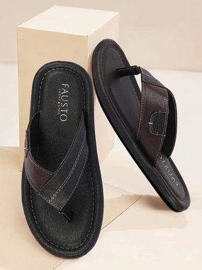 Men Black Stitched Design Indoor Outdoor Thong Slipper Sandals Oakleaf Hydrangea Ruby Slippers