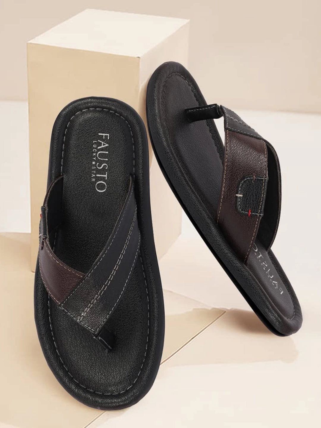 Men Black Stitched Design Indoor Outdoor Thong Slipper Sandals Dearfoam Slippers Clogs