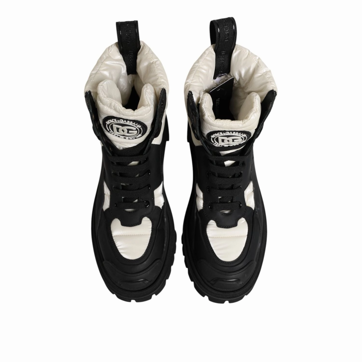 Dolce & Gabbana Black White Padded Mid Calf Lace Up Boots Shoes Extra Wide Casual Dress Shoes