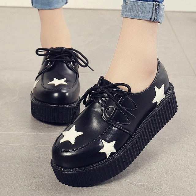 LAKESHI Creepers Women Shoes Large Size 41 Flat Platform Shoes Lace-Up Round Toe Women Flats Casual Shoes Solid Female Shoes