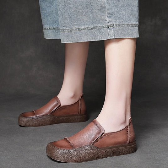 Faux Leather Casual Shoes Women Handmade Stitched Slip-On Leather Shoes