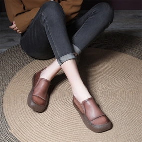 Daily Wear Leather Casual Shoes Women Handmade Stitched Slip-On Leather Shoes