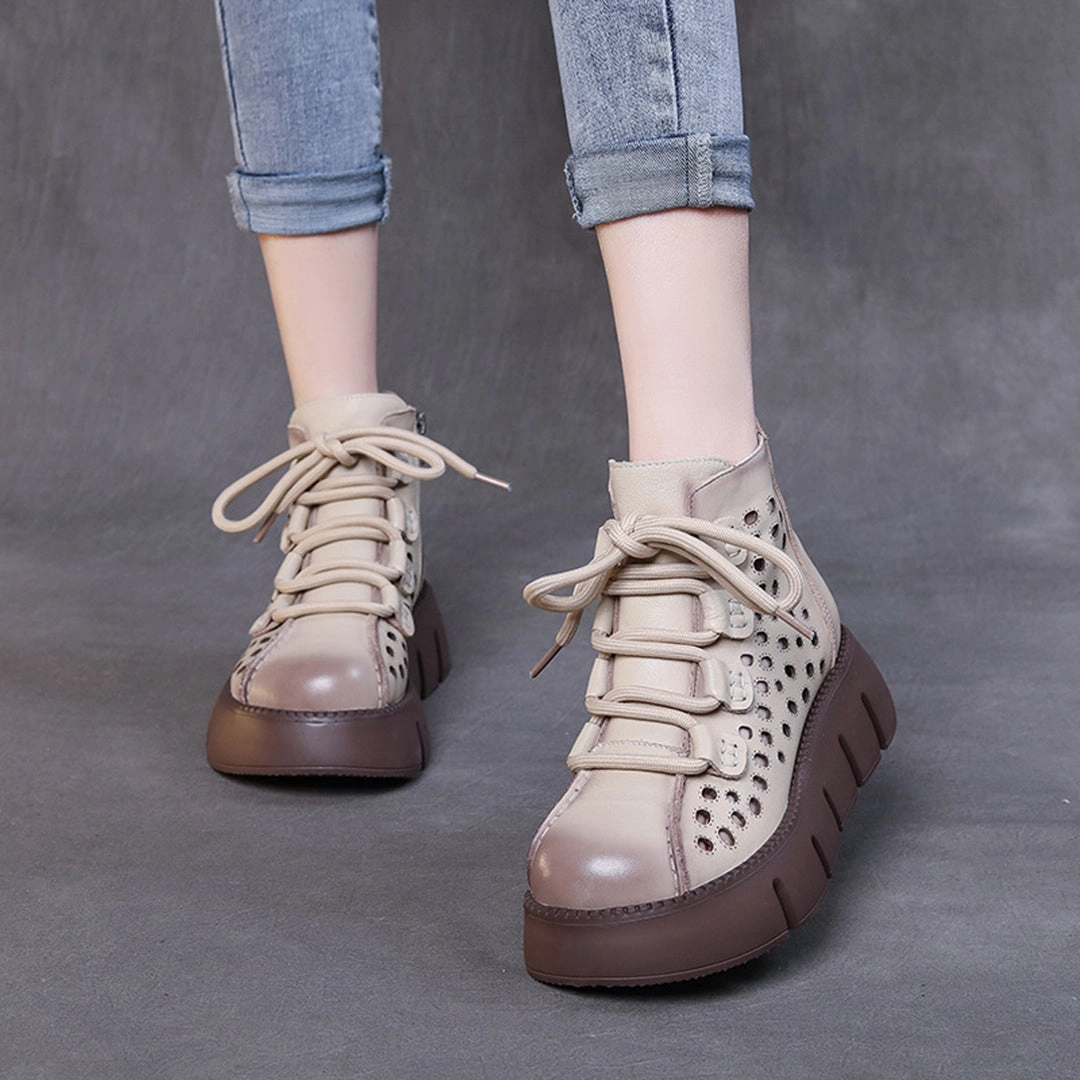 Women Hollow-Out Platform Leather Boots Shoes For Casual Blazer