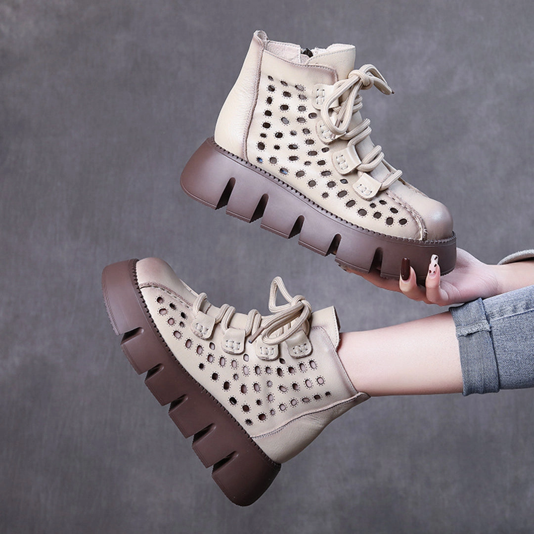 Casual Shoes To Wear With Wide Leg Jeans Women Hollow-Out Platform Leather Boots