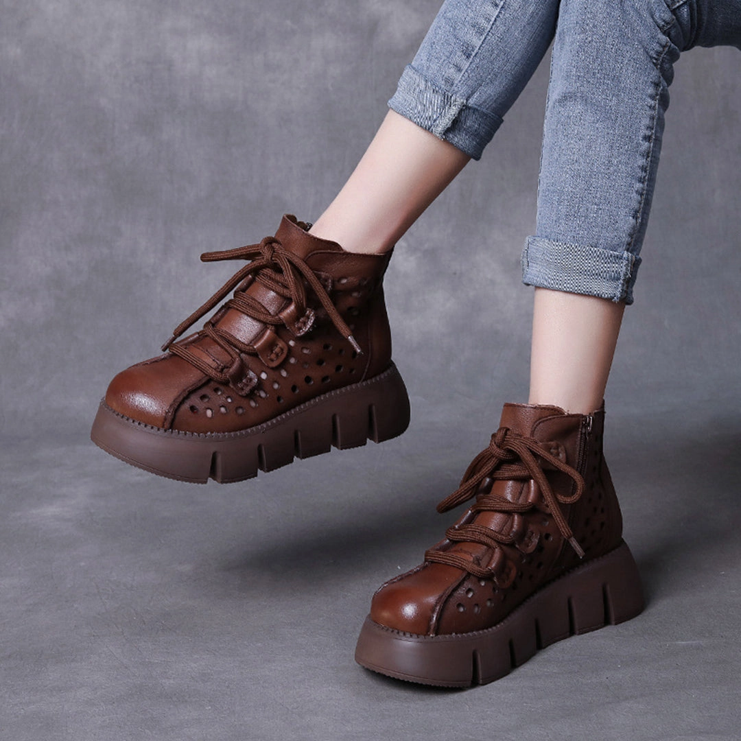 Women Hollow-Out Platform Leather Boots Bmw Casual Shoes