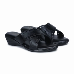 Womens Leather Slippers 9145  Gradient Texture with laser cut Detailing & Wedge Heel Cow Slippers