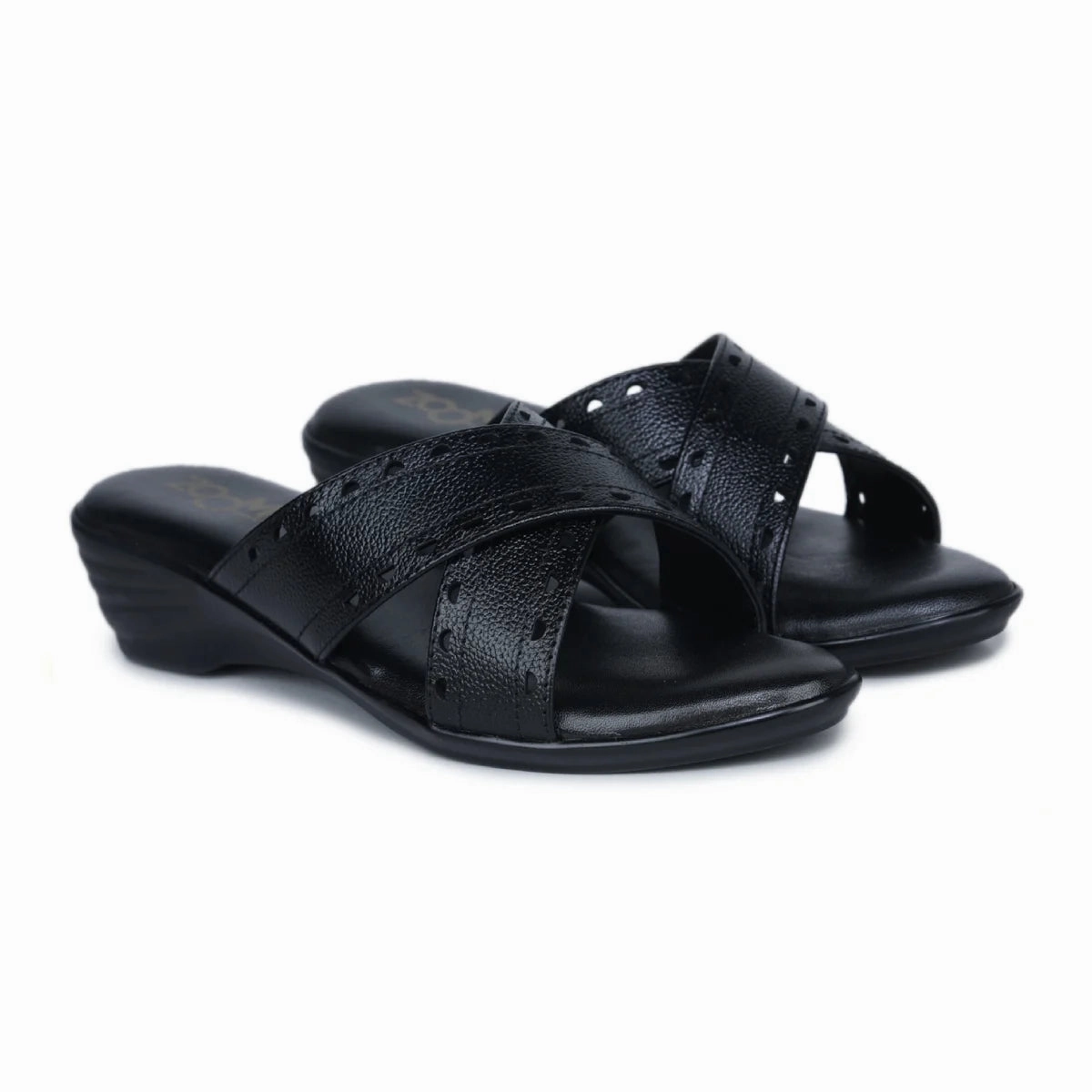 Slippers For Narrow Feet Womens Leather Slippers 9145  Gradient Texture with laser cut Detailing & Wedge Heel