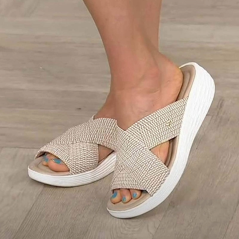 Womens Summer Platform Casual Crossover Flat Beach Slippers Flat Embroidered Shoes