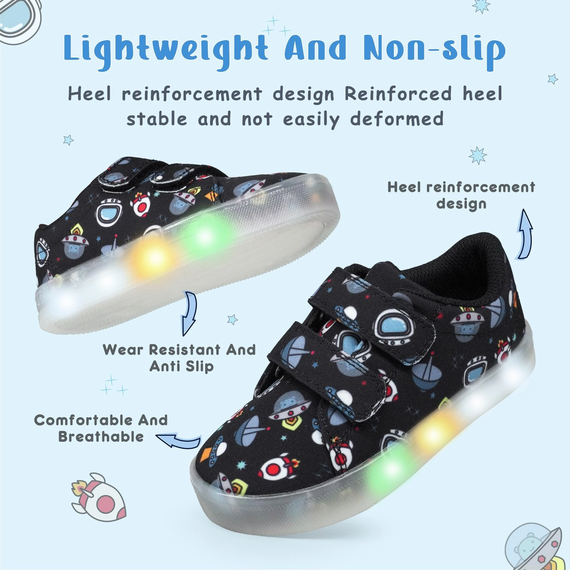 YESKIS Boys Luminous Shoes Vivaki LED Canvas Velcro Cartoon Casual Sports Shoes Black Casual Shoes And Boots