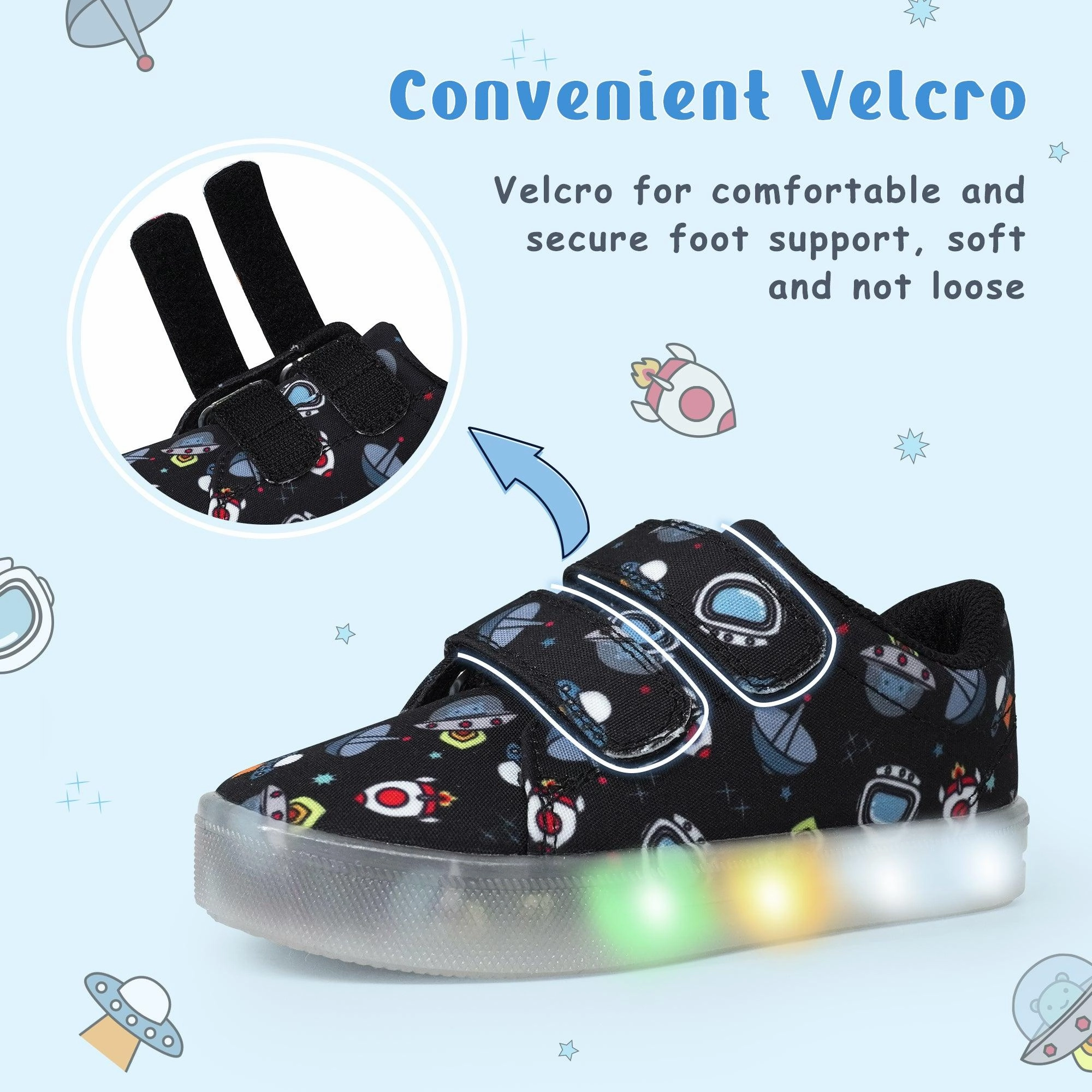 Cloudfoam Casual Shoes YESKIS Boys Luminous Shoes Vivaki LED Canvas Velcro Cartoon Casual Sports Shoes Black