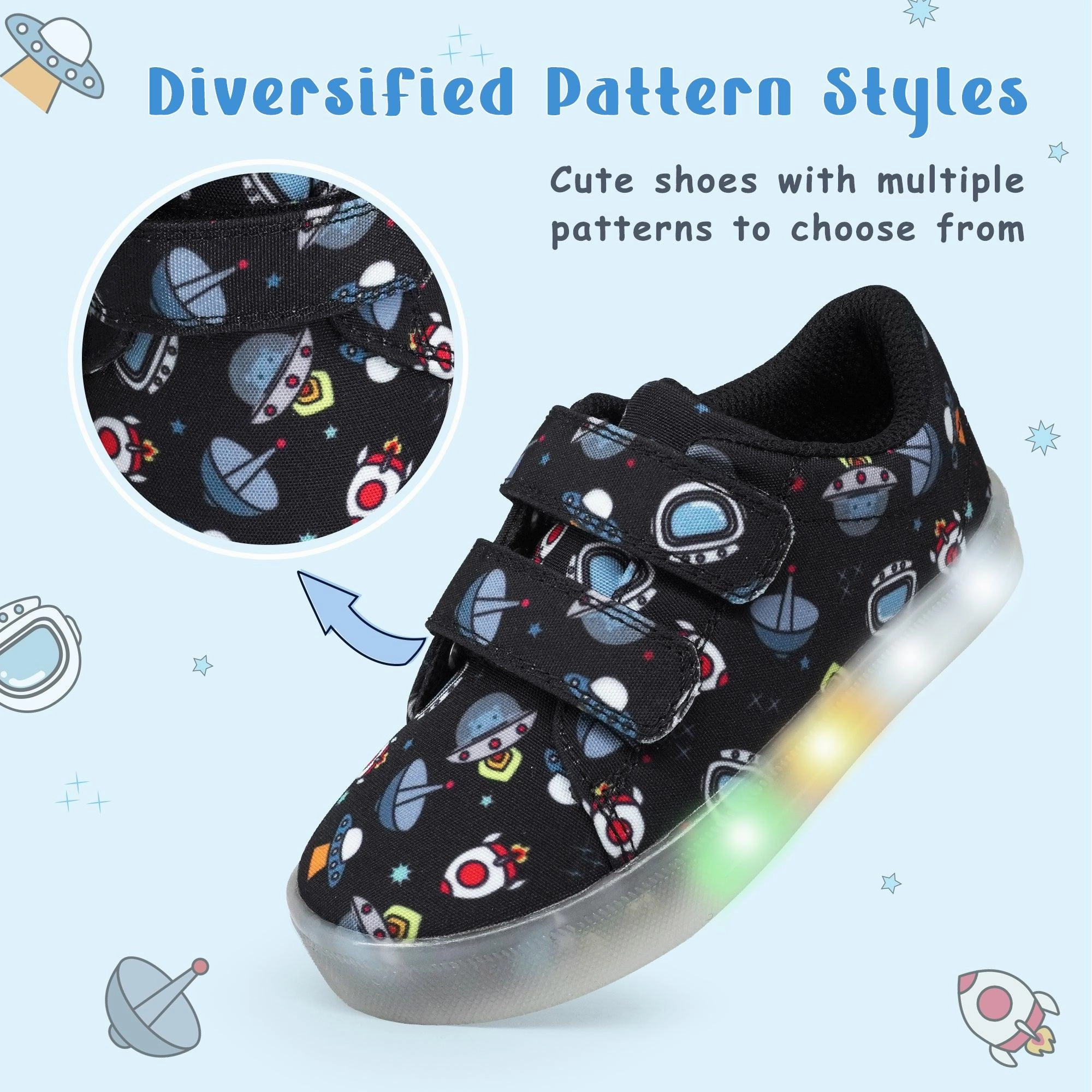 YESKIS Boys Luminous Shoes Vivaki LED Canvas Velcro Cartoon Casual Sports Shoes Black Suede Leather Casual Shoes