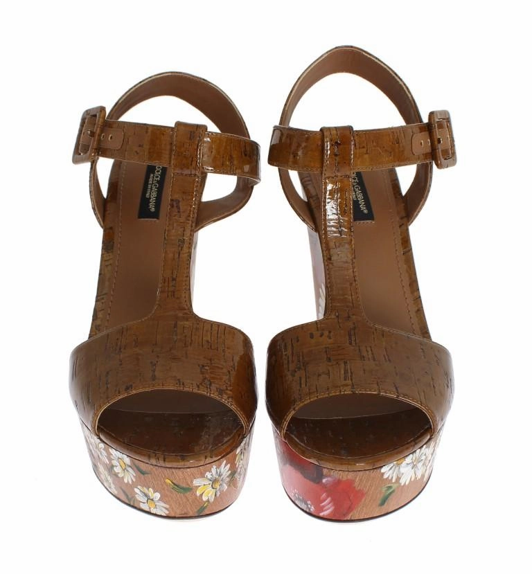 Block Heels Sandals Brown Leather Floral Wedges Platform Shoes