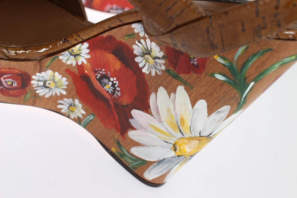 Brown Leather Floral Wedges Platform Shoes Sandals Curaco