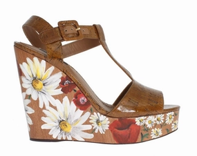 Brown Leather Floral Wedges Platform Shoes Tights And Sandals